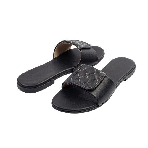Womens Black Flat Slippers with Gold Crown Detail