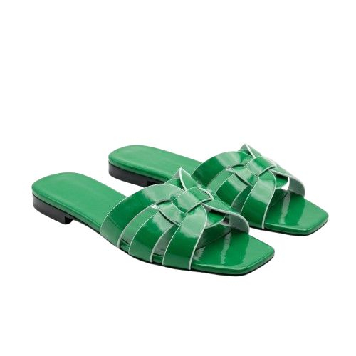 Vibrant Green Woven Strap Flat Slides