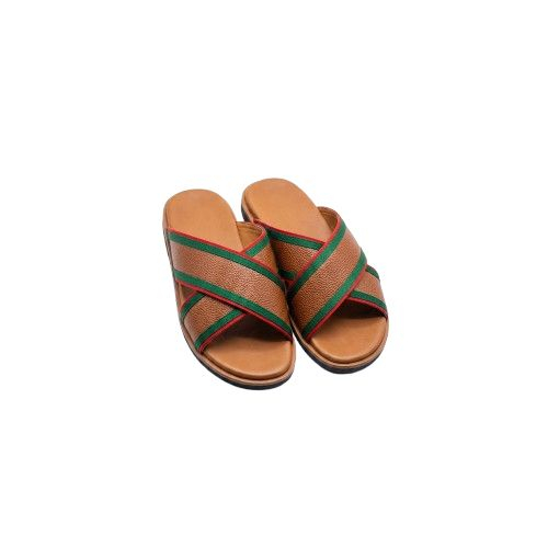 Mens Brown Criss Cross Slide Sandals with Green and Red Trim