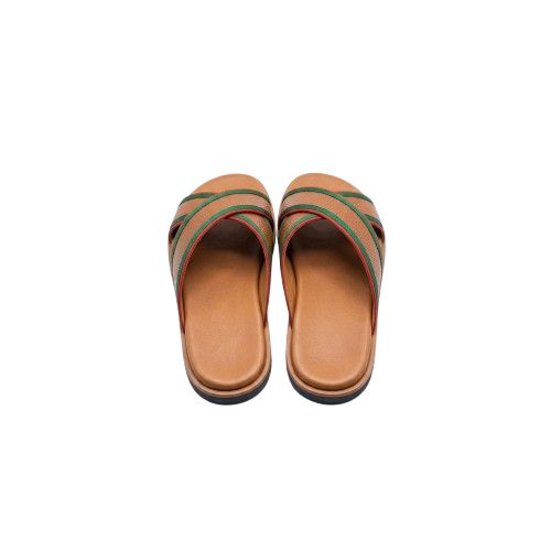 Mens Brown Criss Cross Slide Sandals with Green and Red Trim