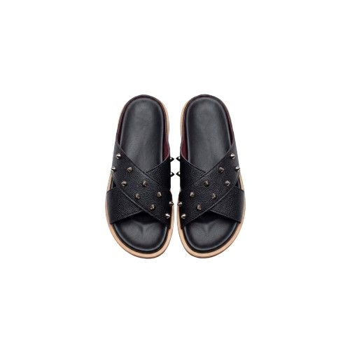 Mens Black Textured Criss Cross Slide Sandals with Stud Embellishments
