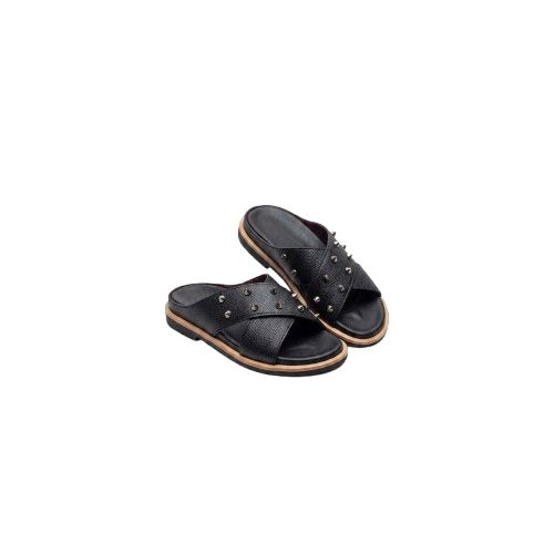 Mens Black Textured Criss Cross Slide Sandals with Stud Embellishments
