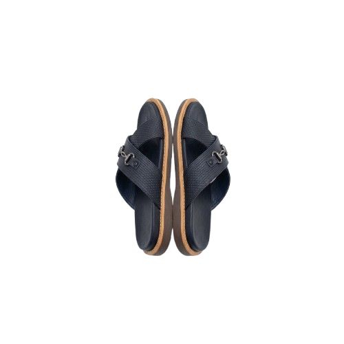 Mens Black Strap Sandals with Metal Buckle