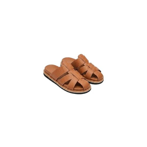Handcrafted Brown Leather Slides with Woven Cross Strap Design