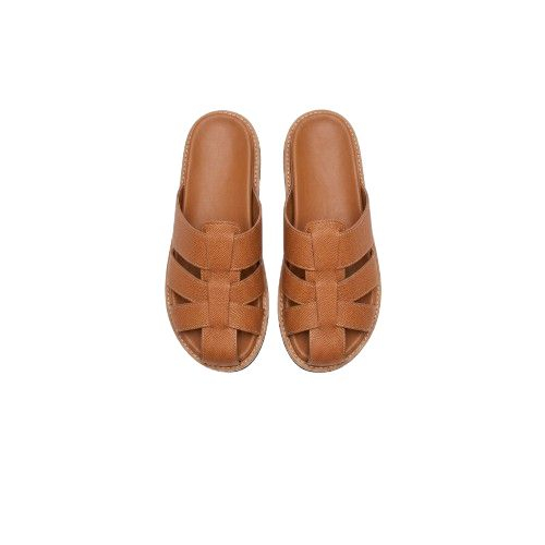 Handcrafted Brown Leather Slides with Woven Cross Strap Design