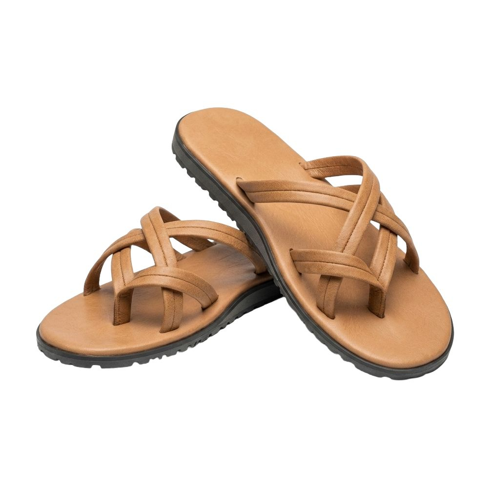 Mens Casual Tan Thong Sandals with Cross Straps