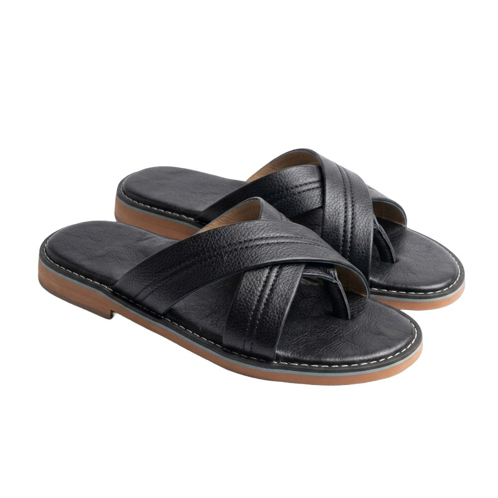 Mens Black Criss Cross Strap Leather Sandals