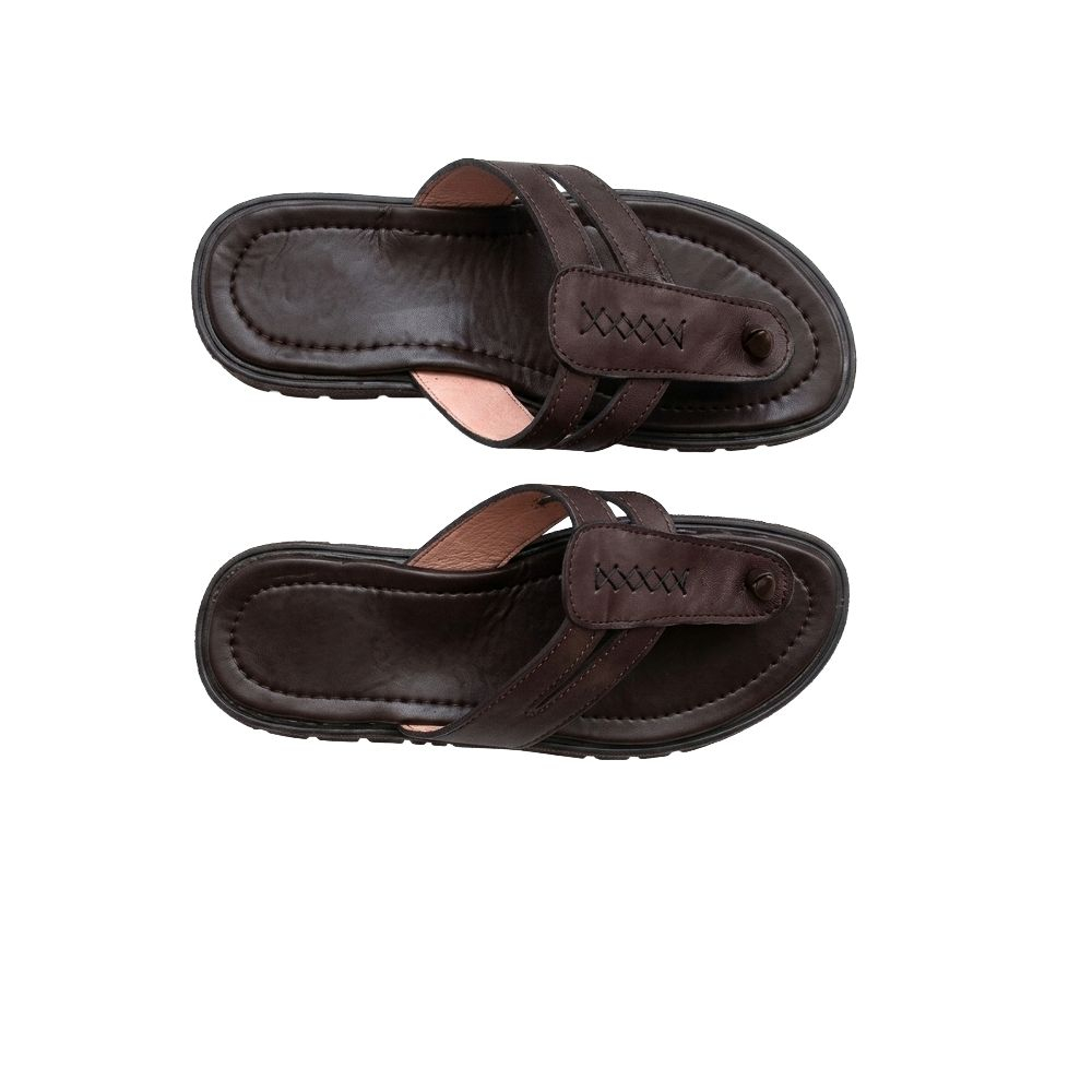 Mens Dark Brown Leather Look Thong Sandals with Stitching Detail