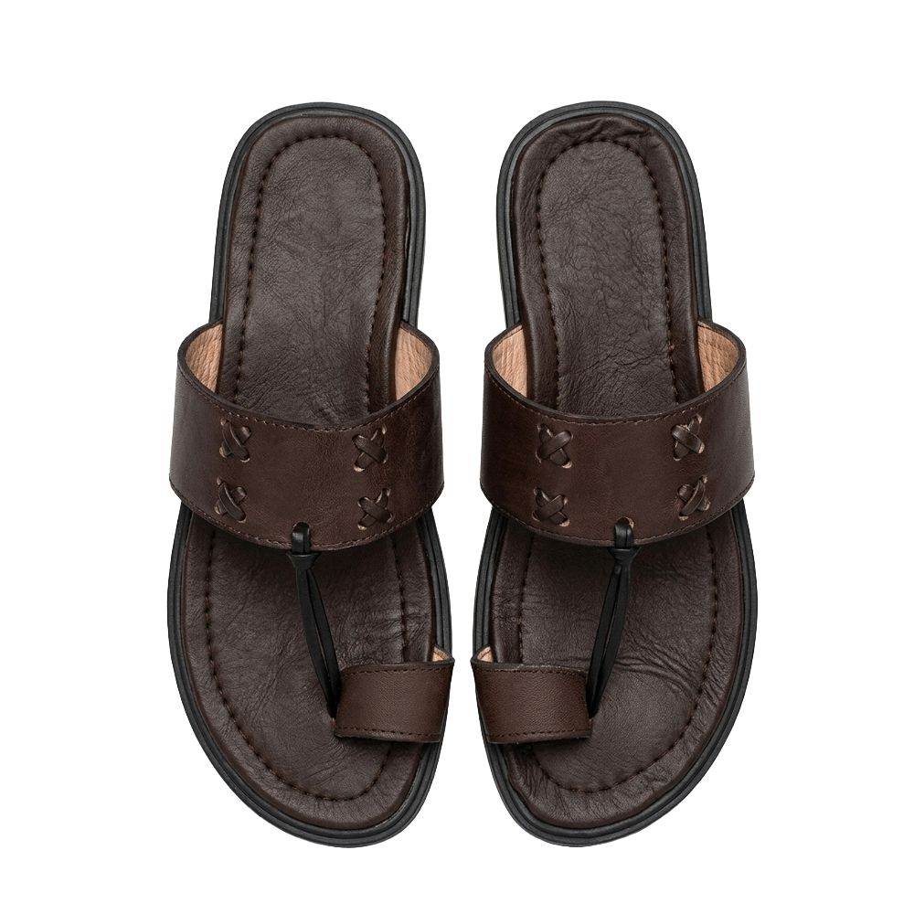 Mens Dark Brown Leather Toe Post Slide Sandals
