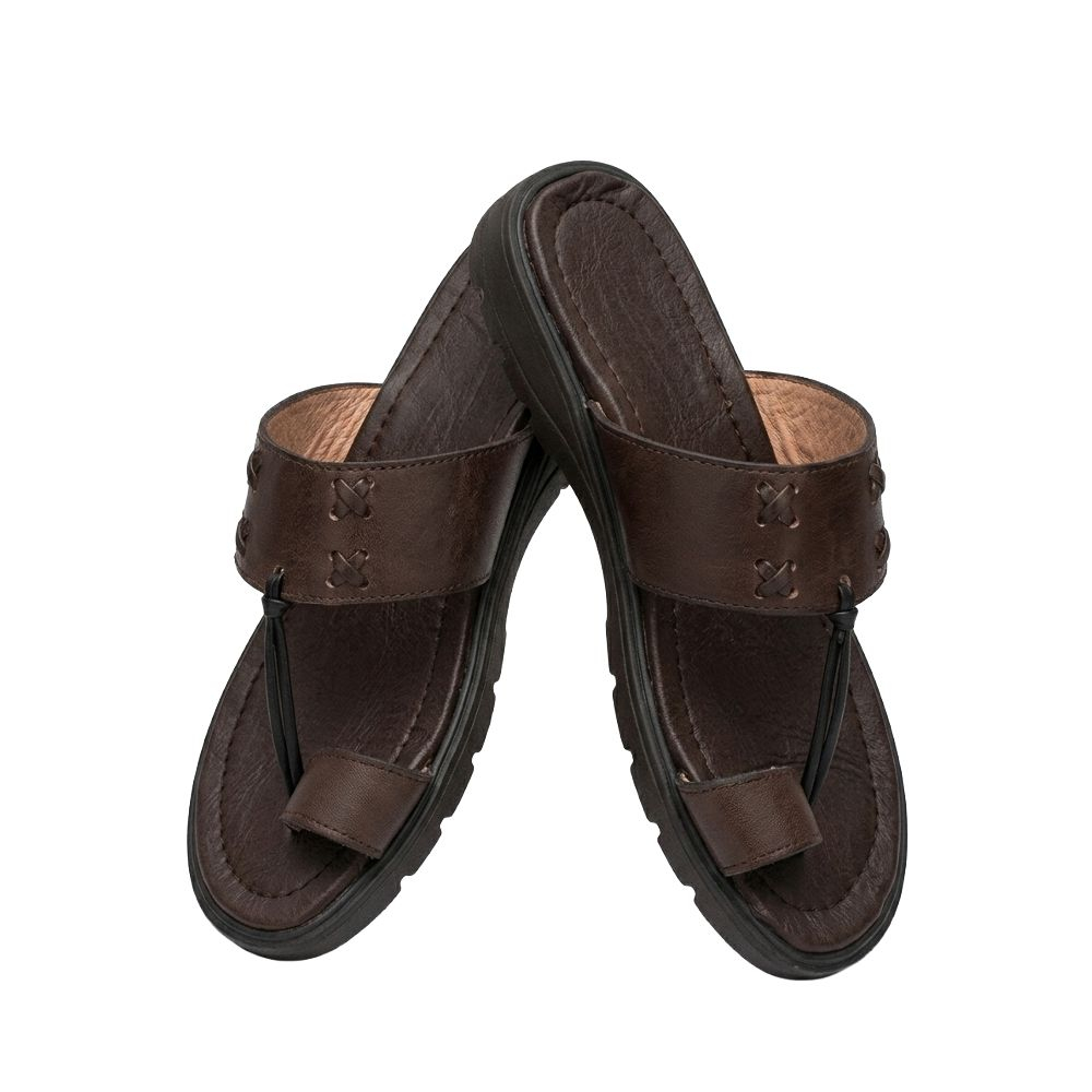 Mens Dark Brown Leather Toe Post Slide Sandals