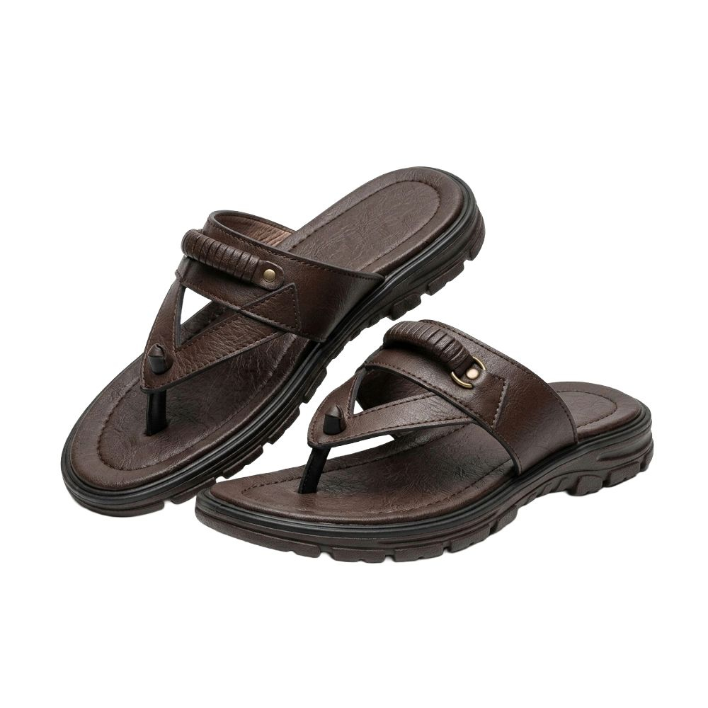 Mens Dark Brown Leather Look Thong Sandals with Braided Detail