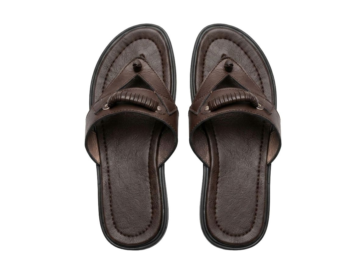 Mens Dark Brown Leather Look Thong Sandals with Braided Detail