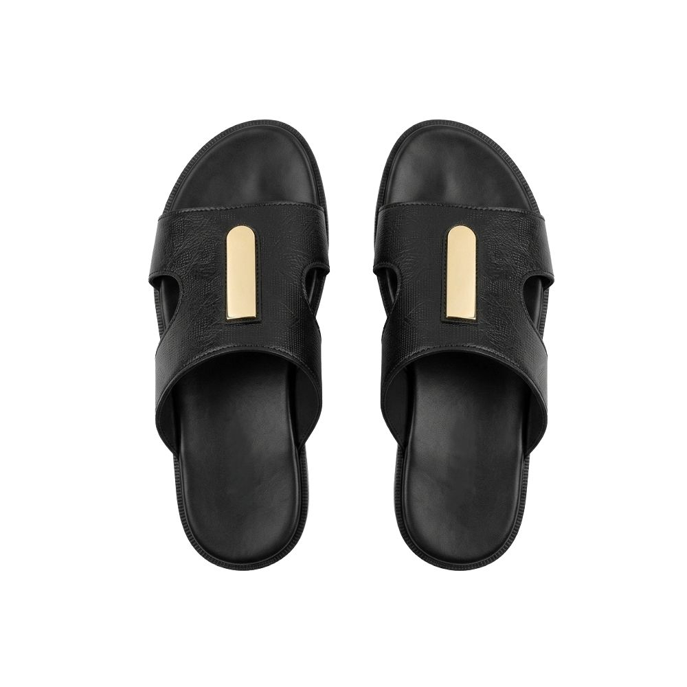 Mens Textured Black Leather Slide Sandals