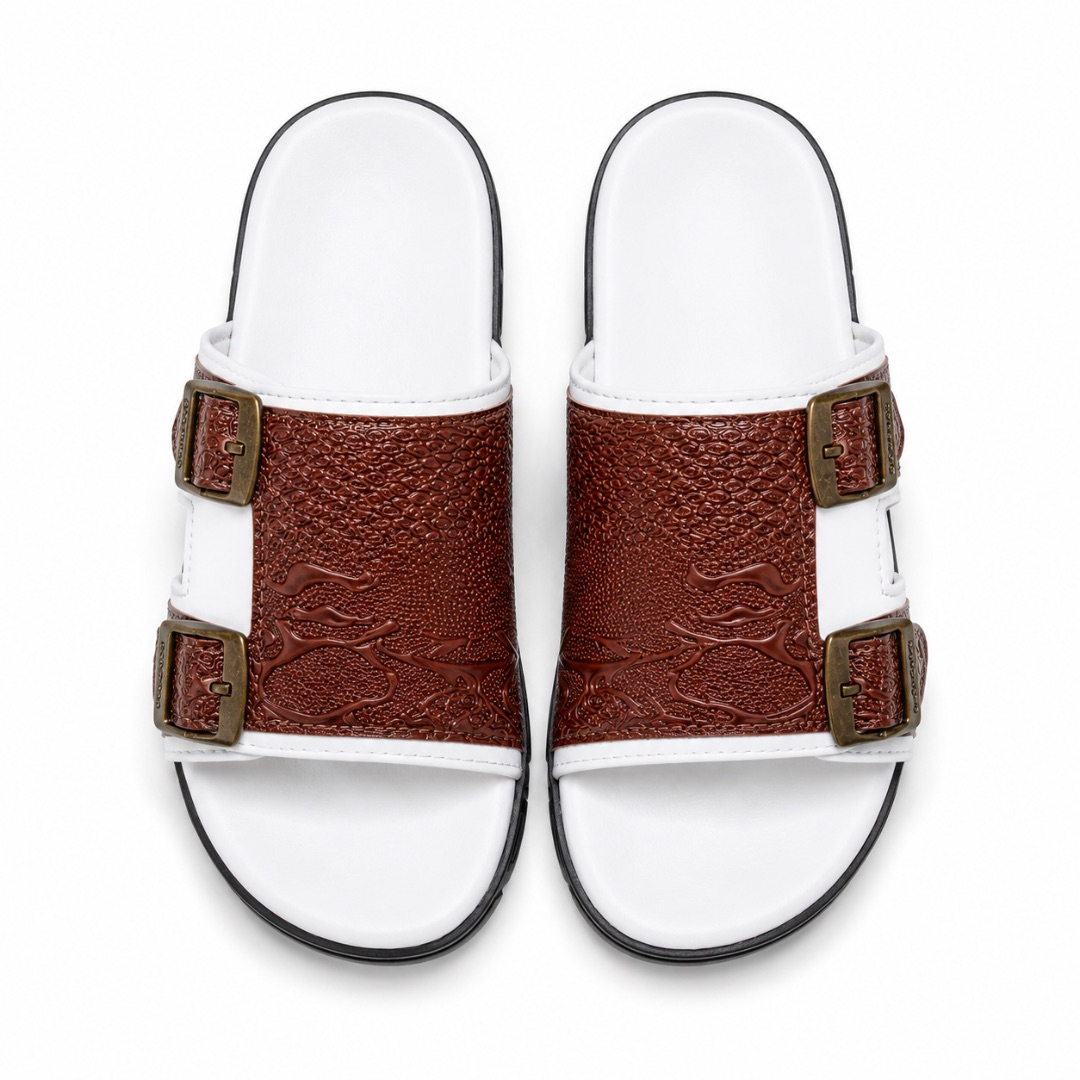 Luxury Brown Embossed Double Buckle Slide Slippers