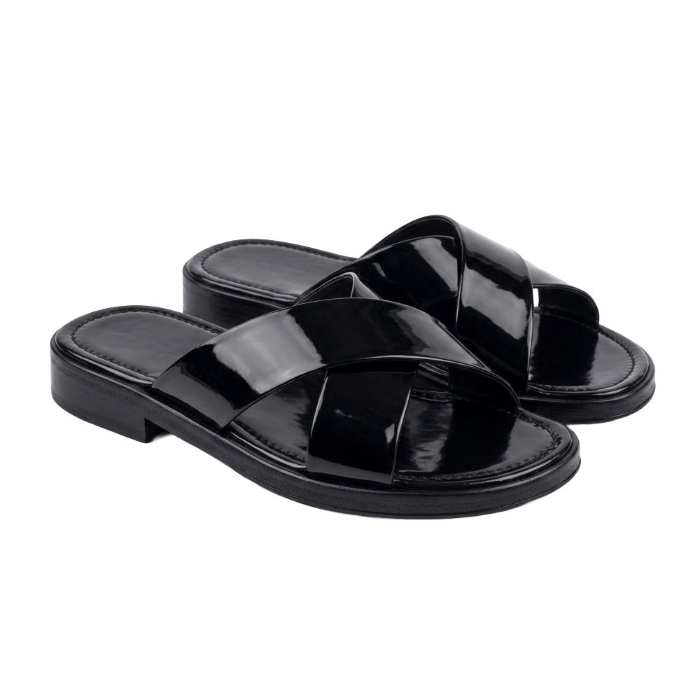 Black Patent Leather Cross Strap Slide Sandals with Detailed Stitching