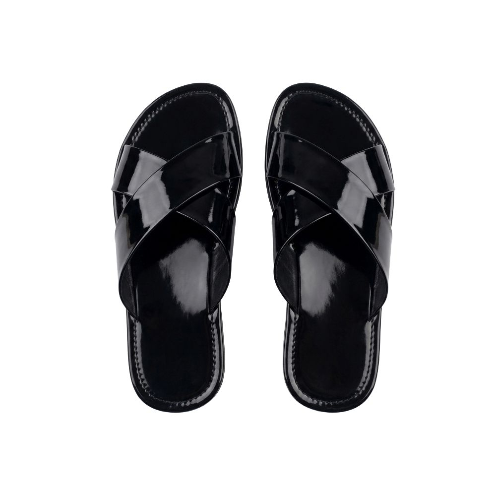 Black Patent Leather Cross Strap Slide Sandals with Detailed Stitching
