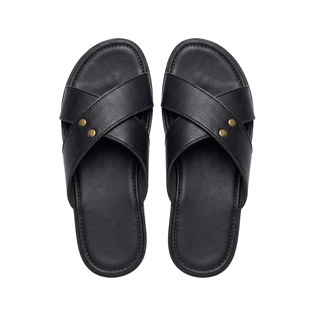 Quality Mens Black Leather Cross Strap Slide Sandals