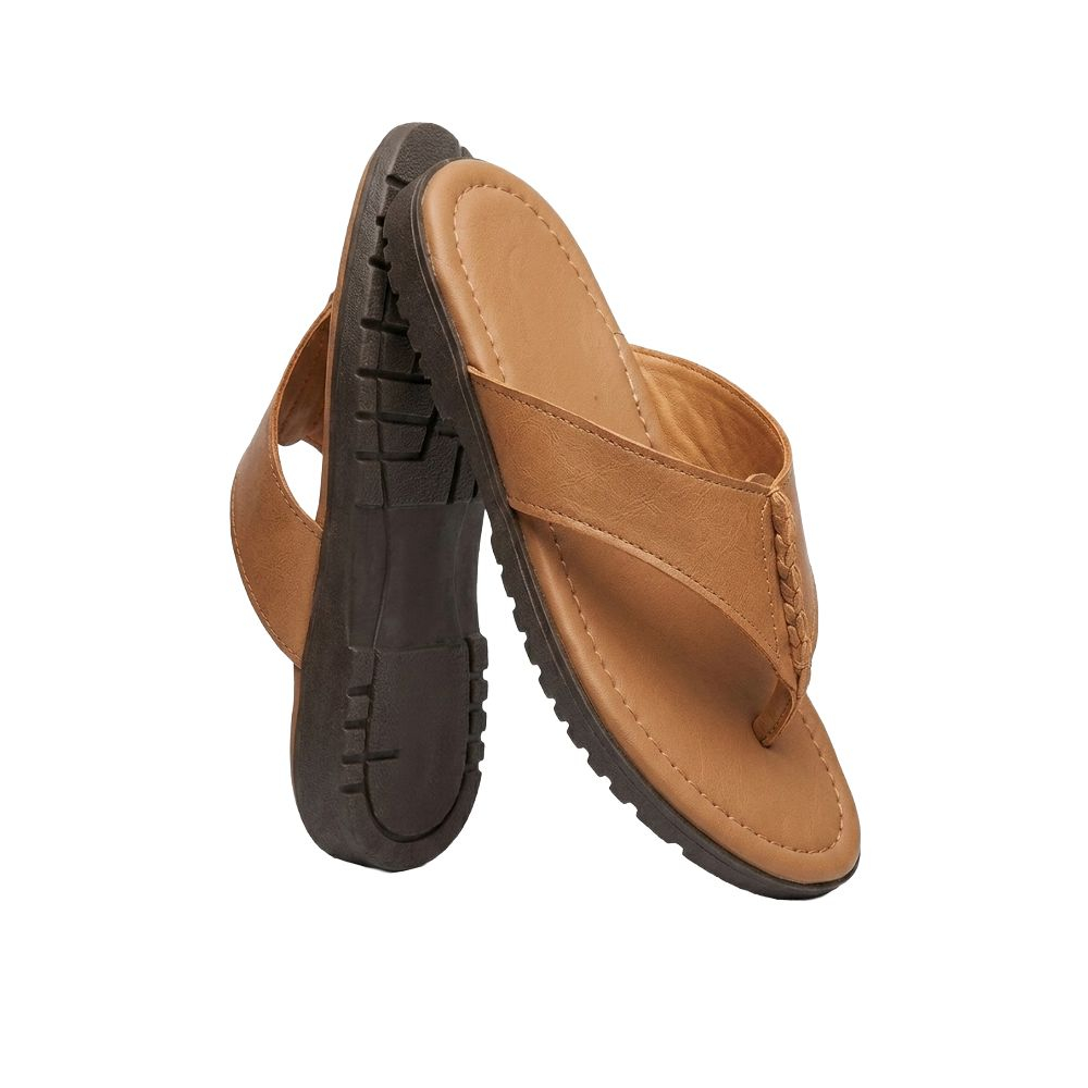 Mens Cognac Leather Thong Sandals with Detailed Stitching