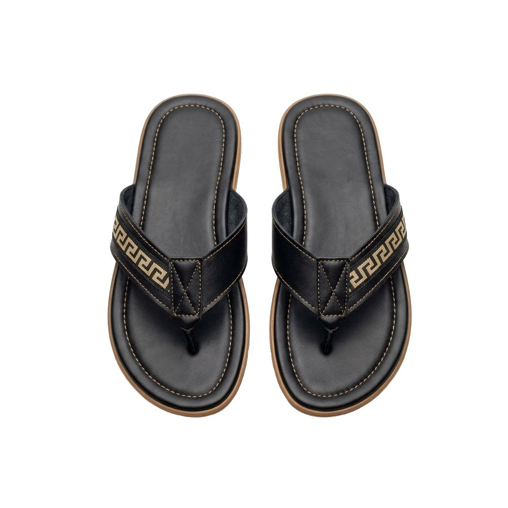 Detailed Mens Black and Gold Toe Post Sandals with Woven Design