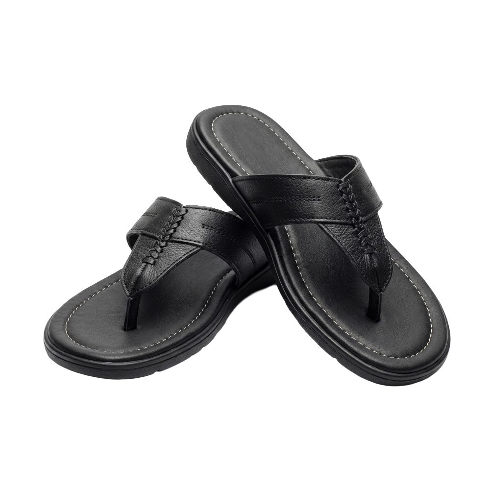 Mens Textured Black Thong Sandals with contrast stitching
