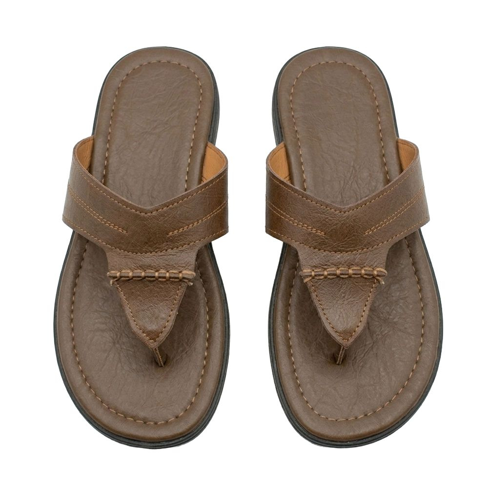 Mens Brown Leather Style Cross Strap Slide Sandals