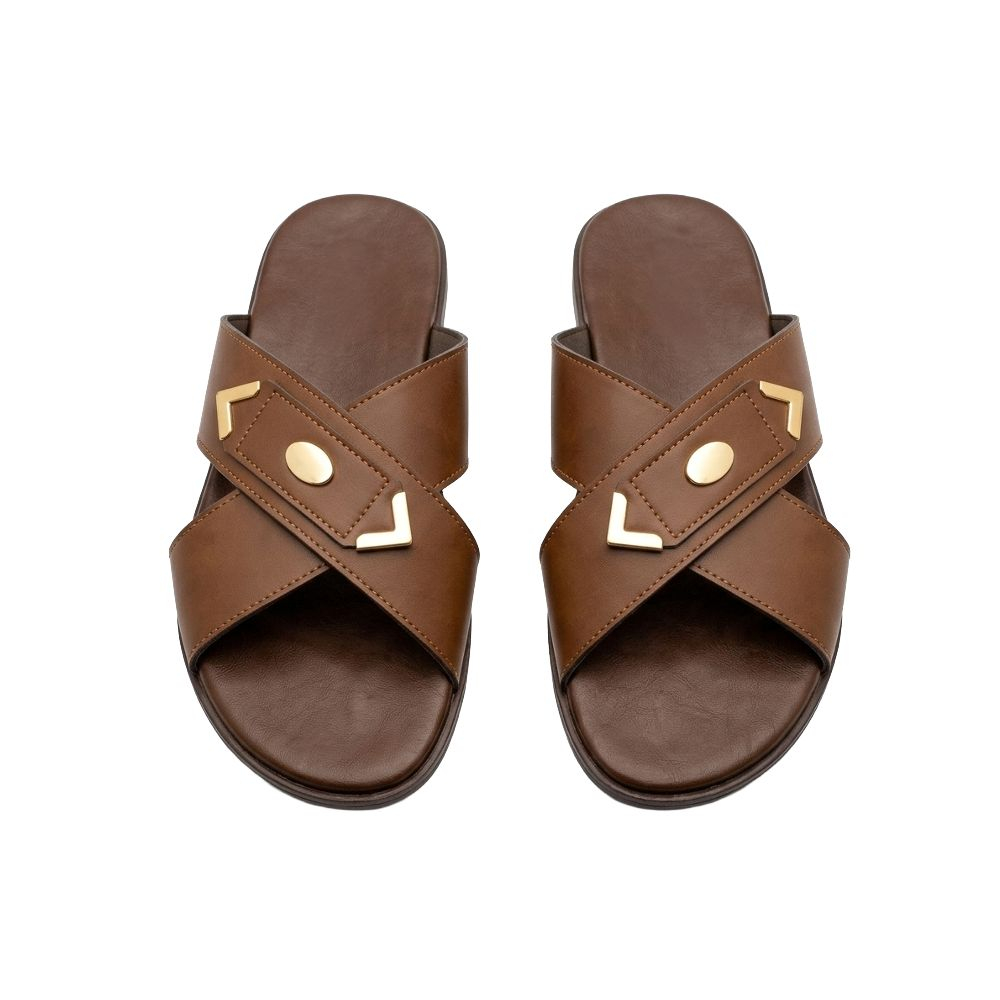 Mens Brown Faux Leather Cross Strap Slide Sandals