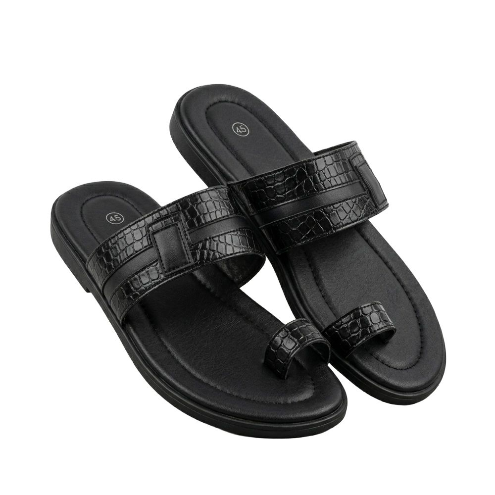 Mens Black Faux Croc Toe Loop Sandals