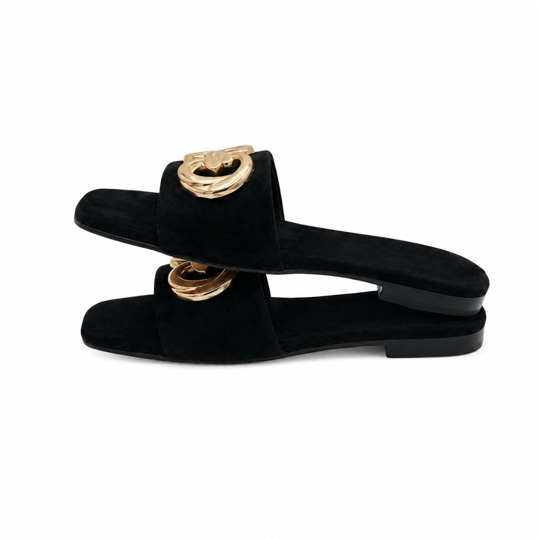 Elegant Black Slip On Flat Sandal with Gold Hardware