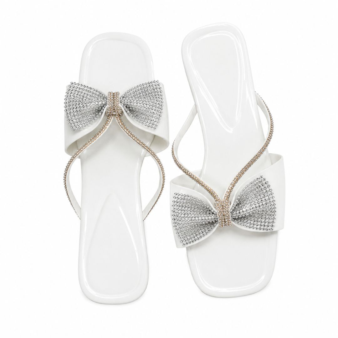 Womens Rhinestone Bow Flat Slide Sandals