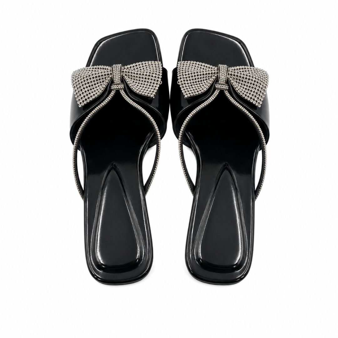 Womens Black Rhinestone Bow Flat Slide Sandals