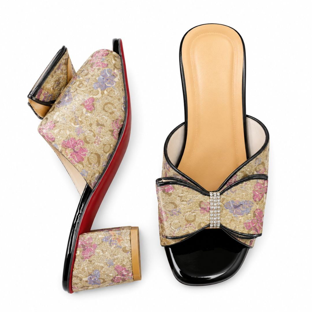 Womens Floral Bow Block Heel Mule Sandals