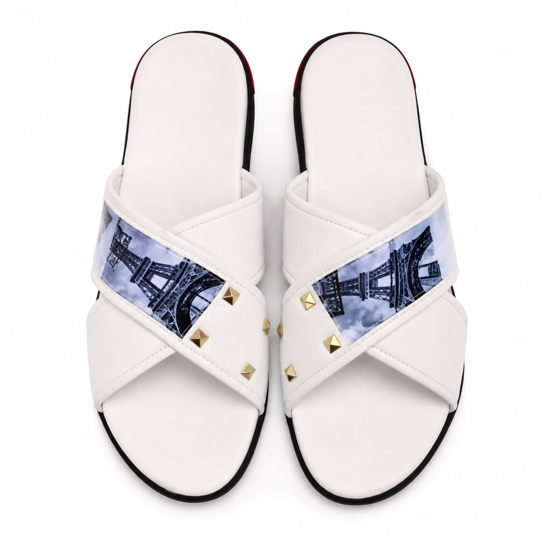 Luxury White Cross Strap Studded Slide Slippers