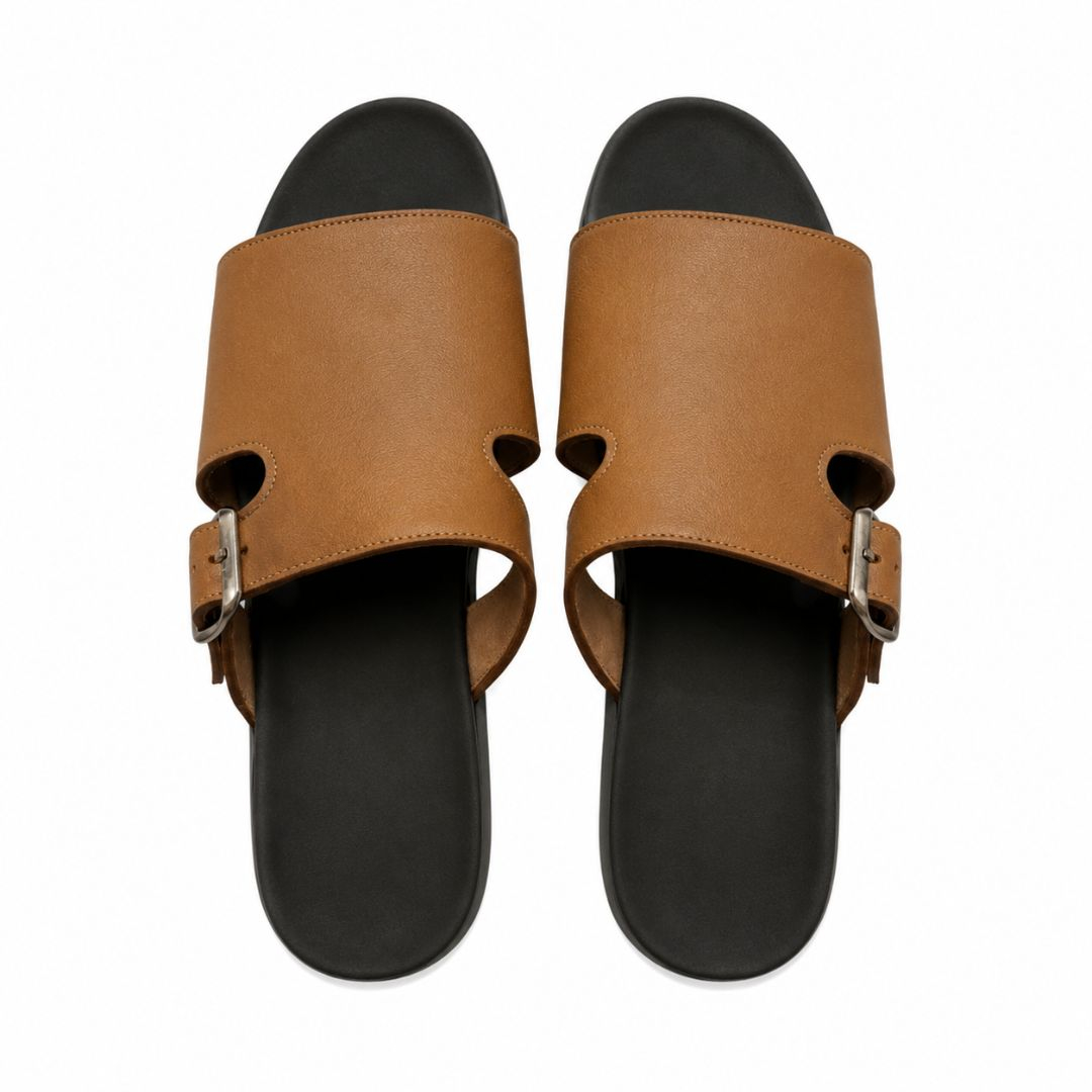 Tan Faux Leather Buckle Slides