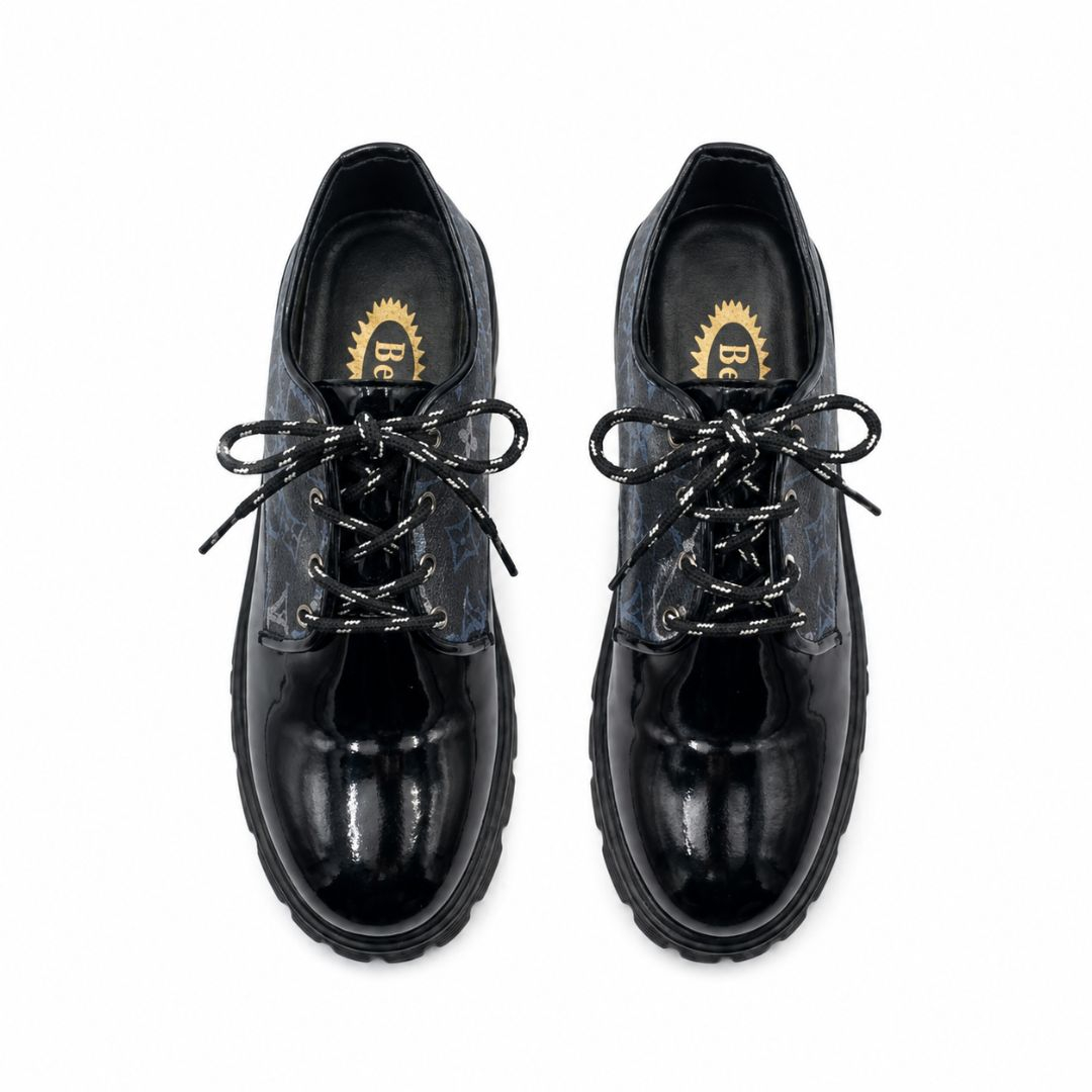 Black Glossy Patterned Lace Up Derby Shoes