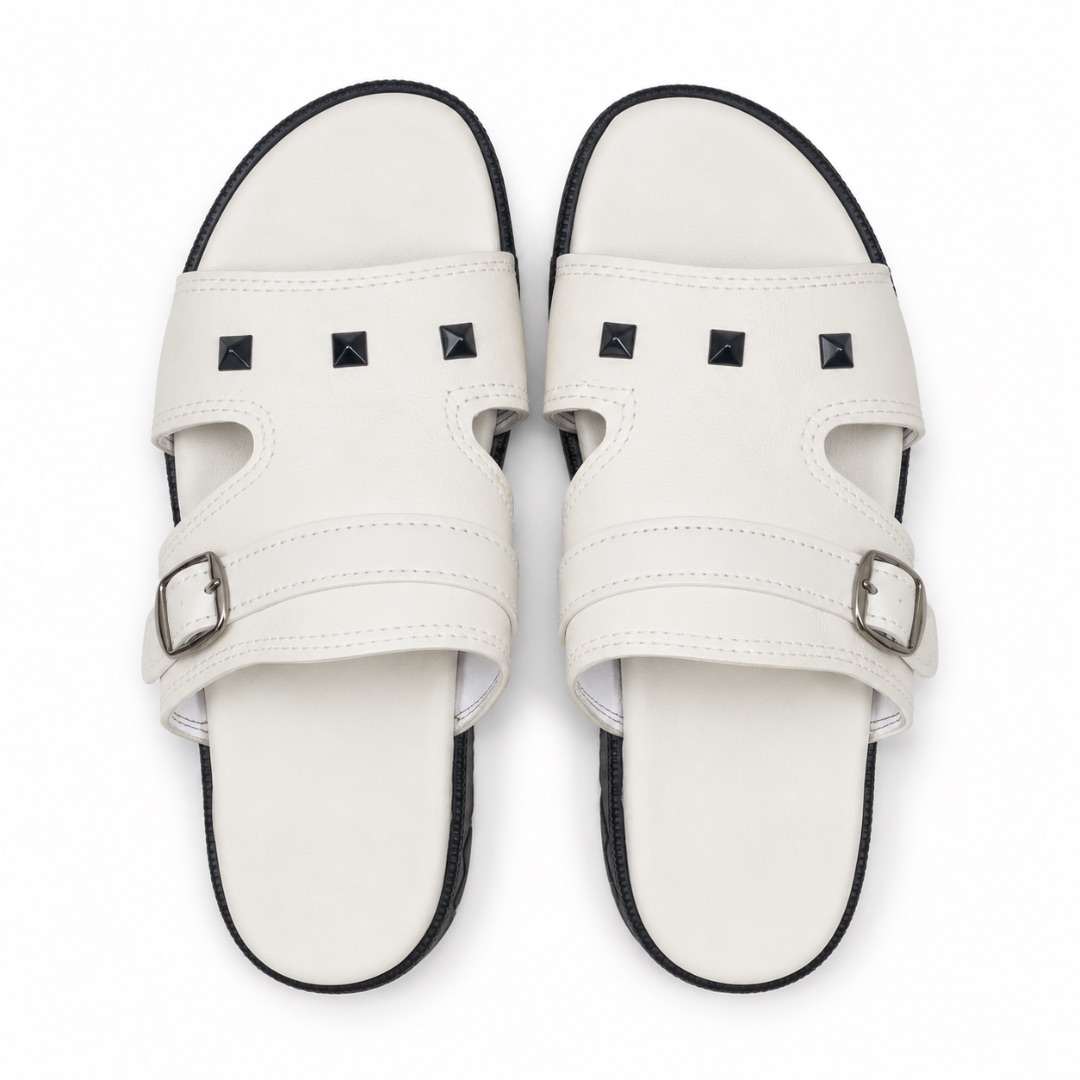 Luxury White Studded Buckle Slide Sandals