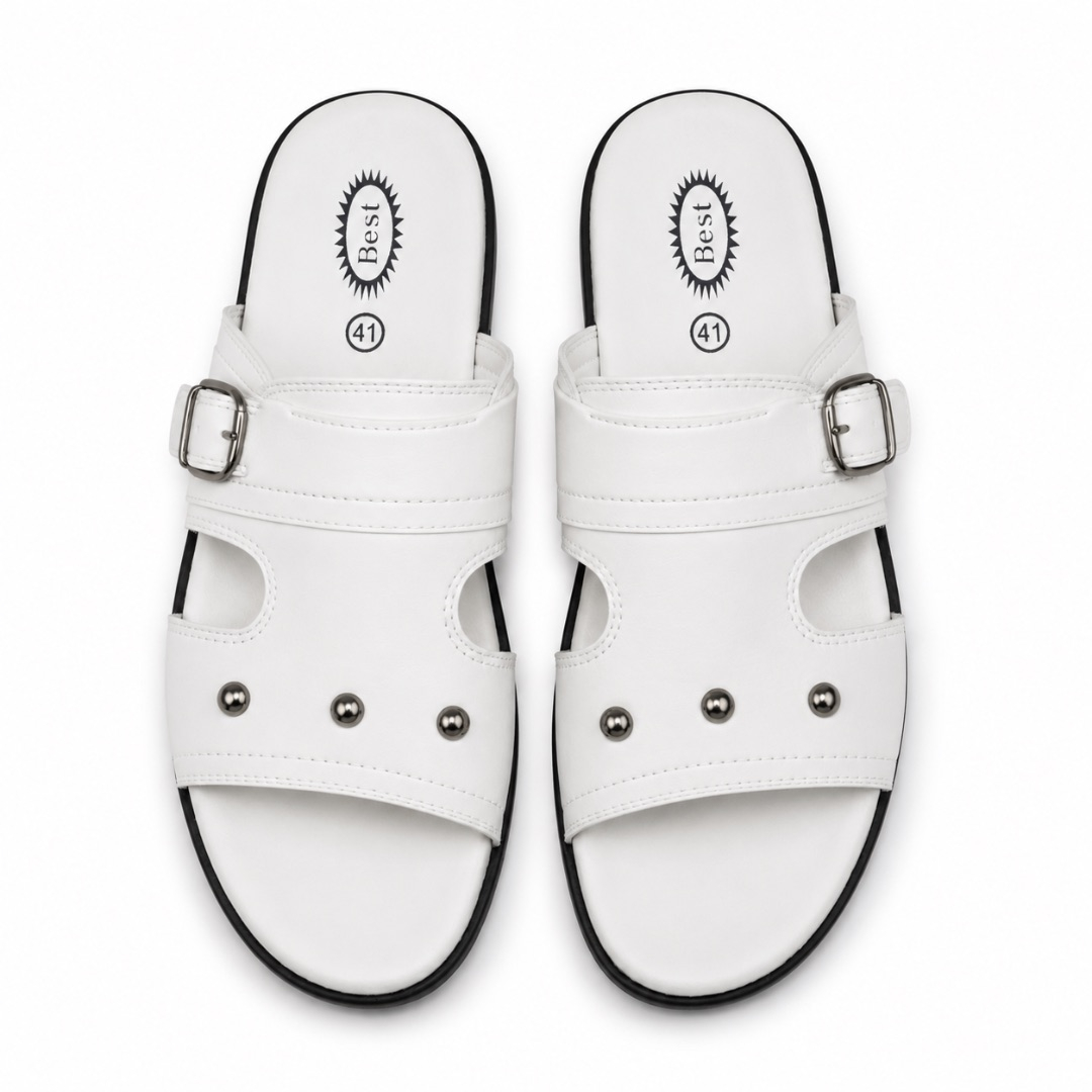 Luxury White Metallic Stud Buckle Slide Sandals