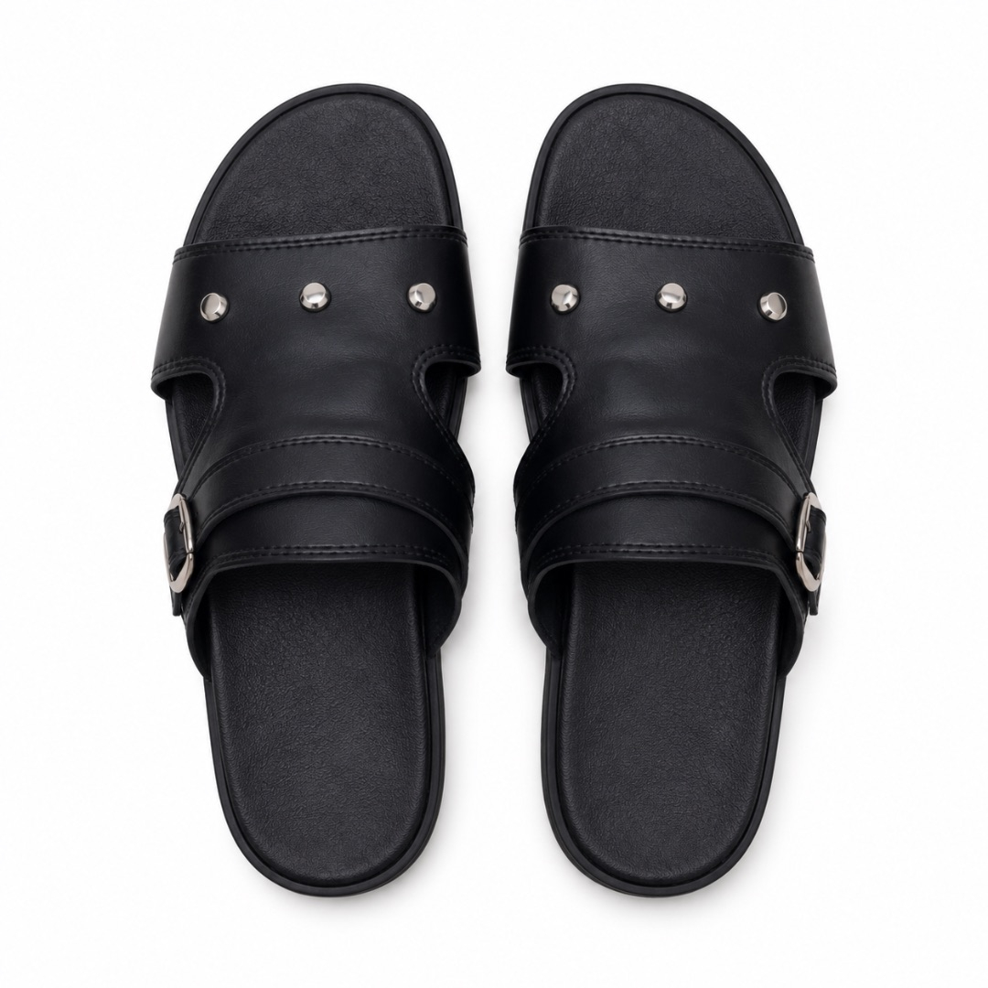 Luxury Black Metallic Stud Buckle Slide Sandals