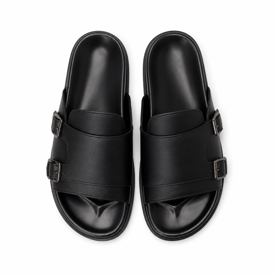 Luxury Black Buckle Strap Slide Sandals