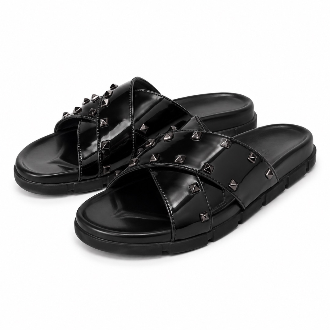 Luxury  Black Studded Cross Strap Slide Sandals