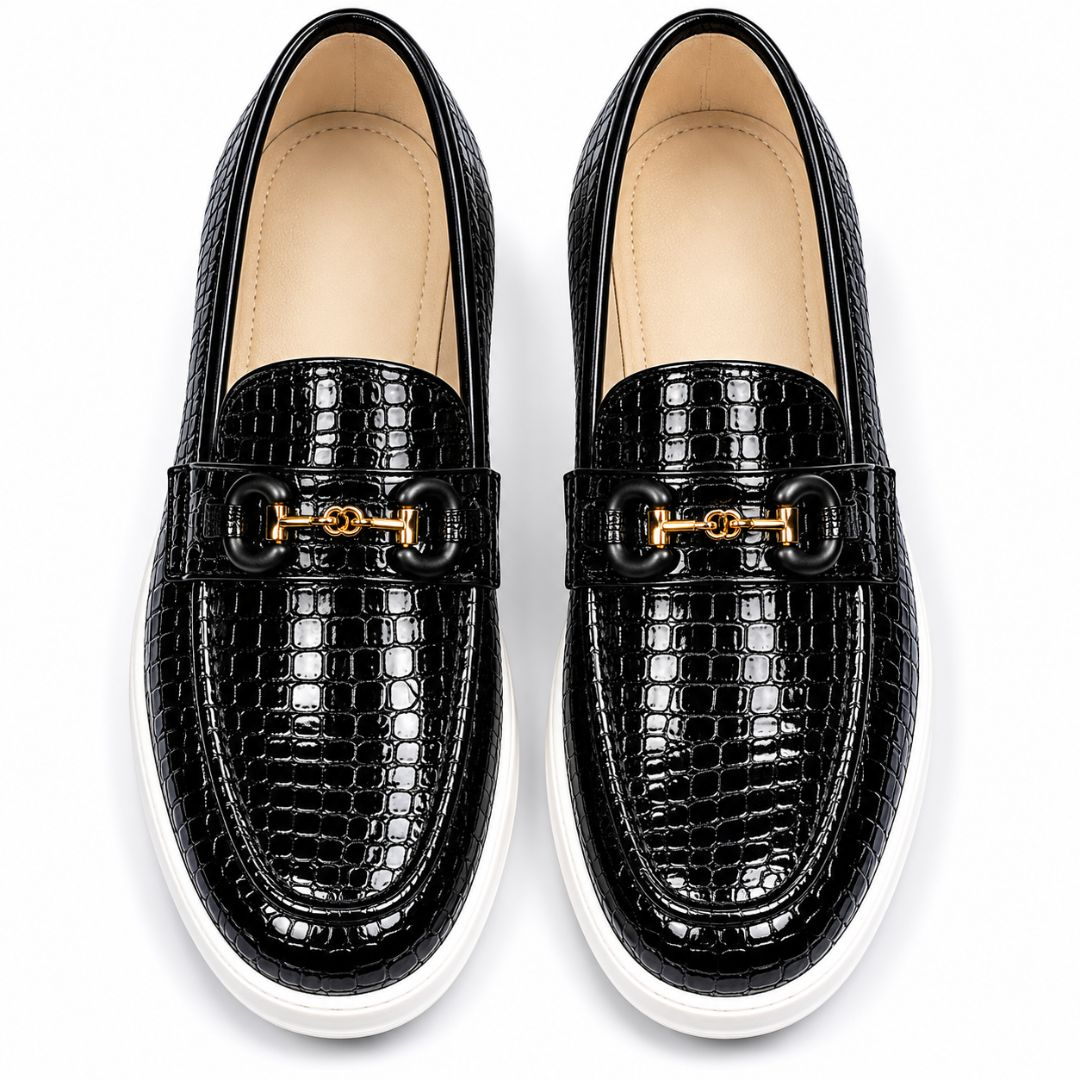 Mens Premium Black Crocodile Texture Platform Loafers