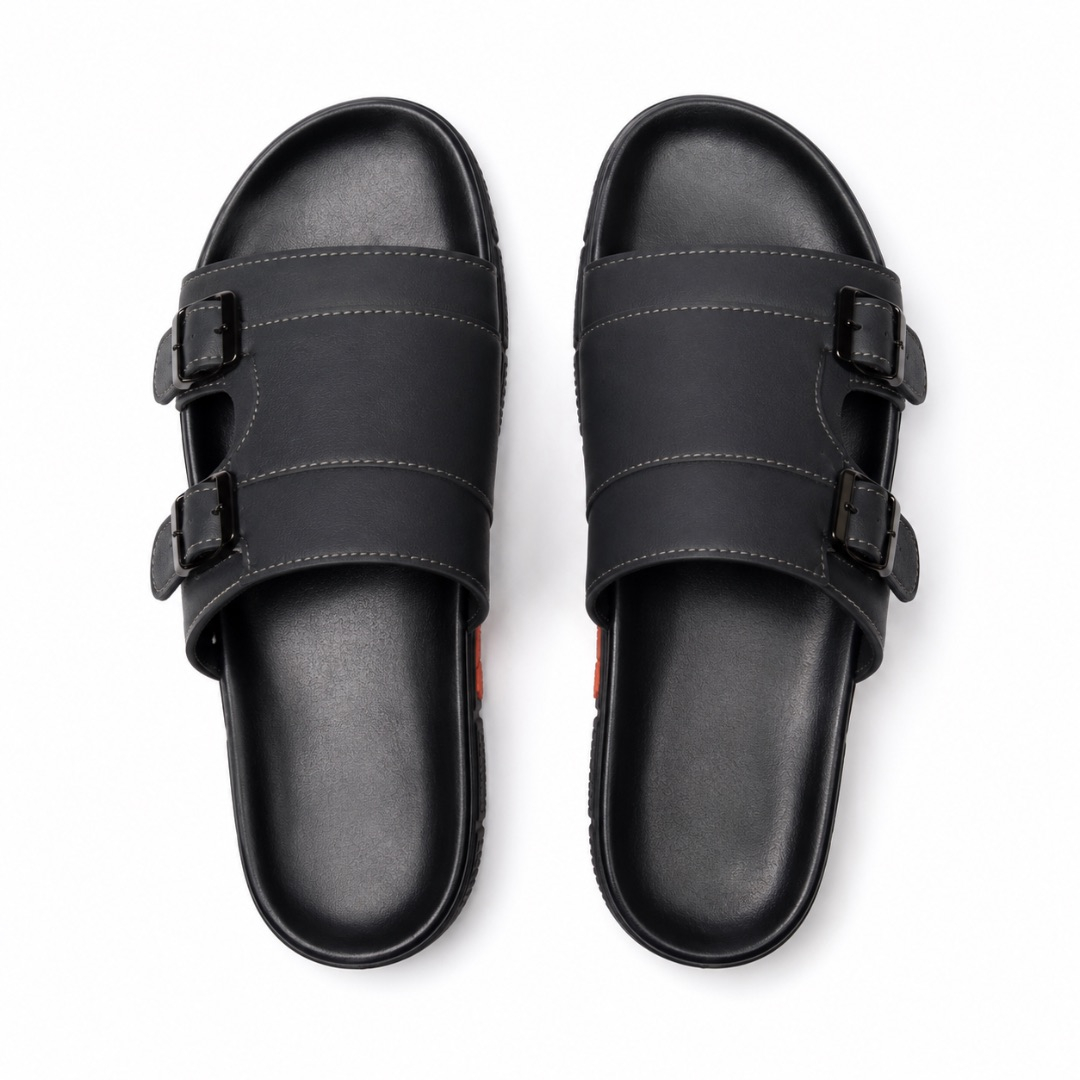 Luxury  Black Double Buckle Slide Sandals