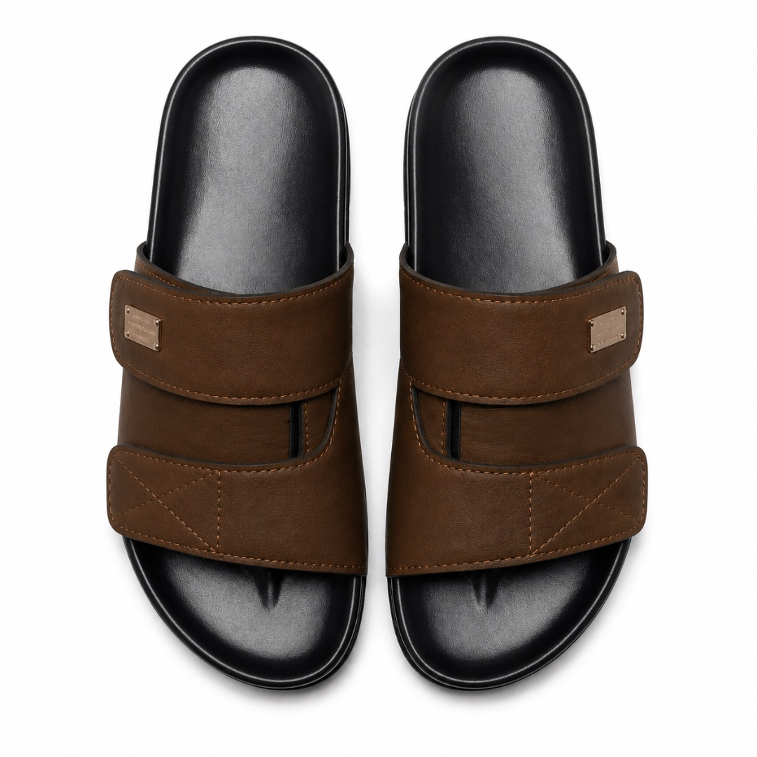 Luxury  Brown Wide Strap Slide Sandals