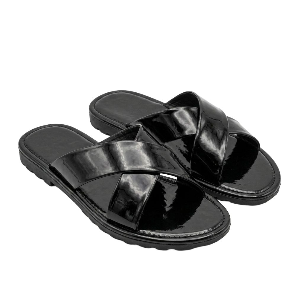 Premium Black Patent Leather Crossover Slide Sandals