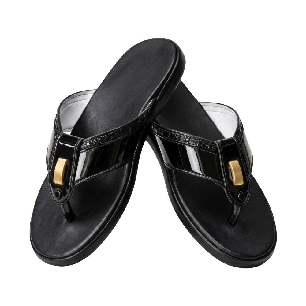 Black Patent Finish Thong Slide Sandals for Casual Wear