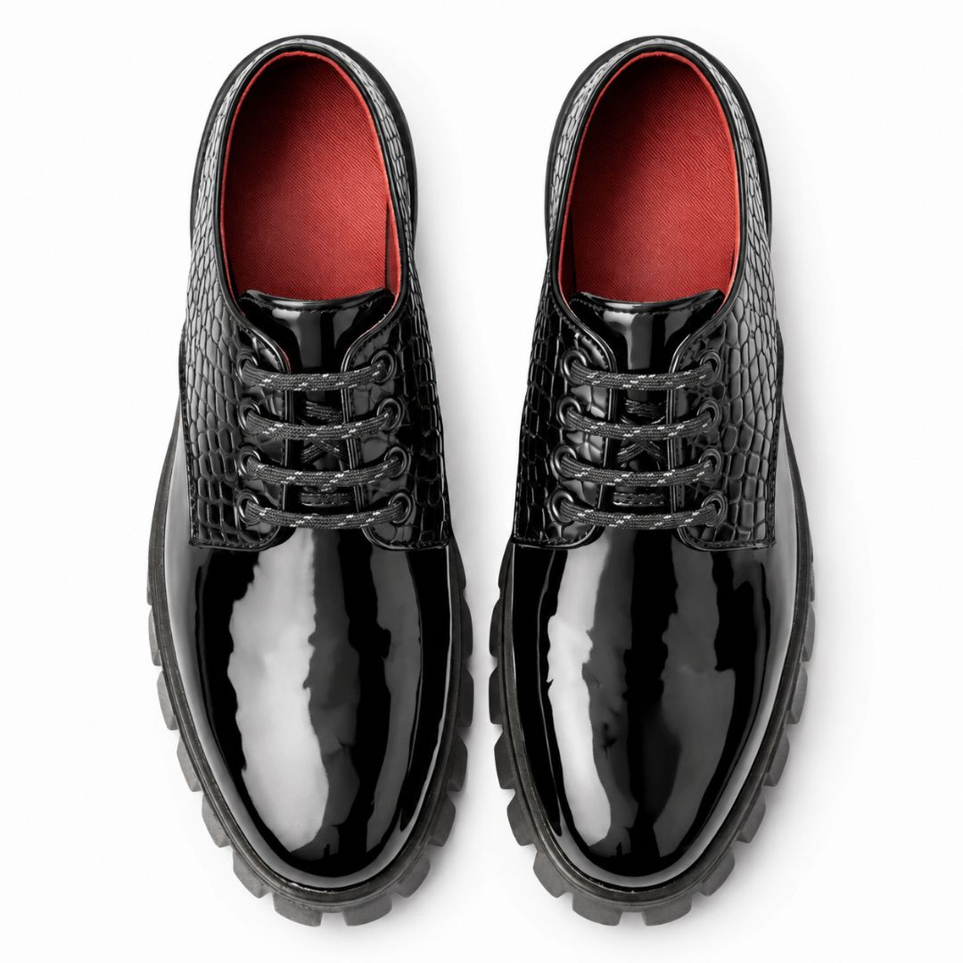 Mens Croc Embossed Patent Leather Lace Up Shoes with Metal Badge
