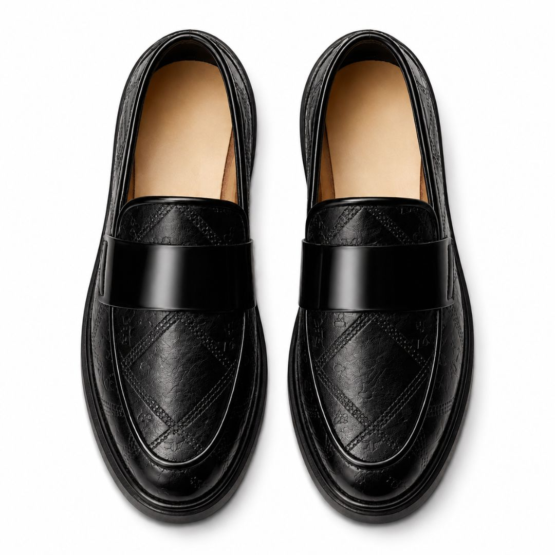 Mens Embossed Leather Slip On Loafers with Metal Detail