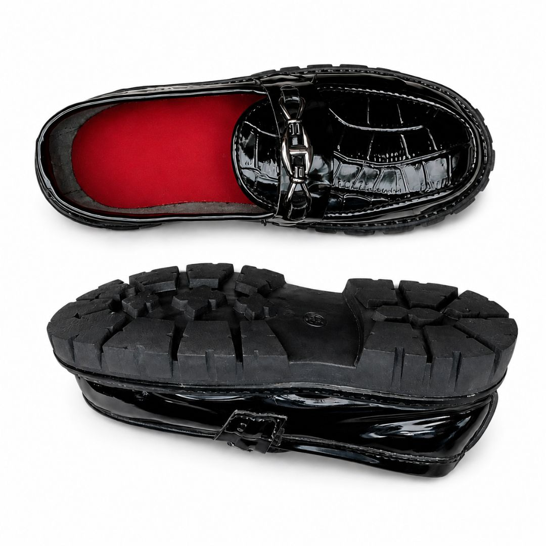 Black Glossy Croc Texture Mule Loafers with Metal Detail