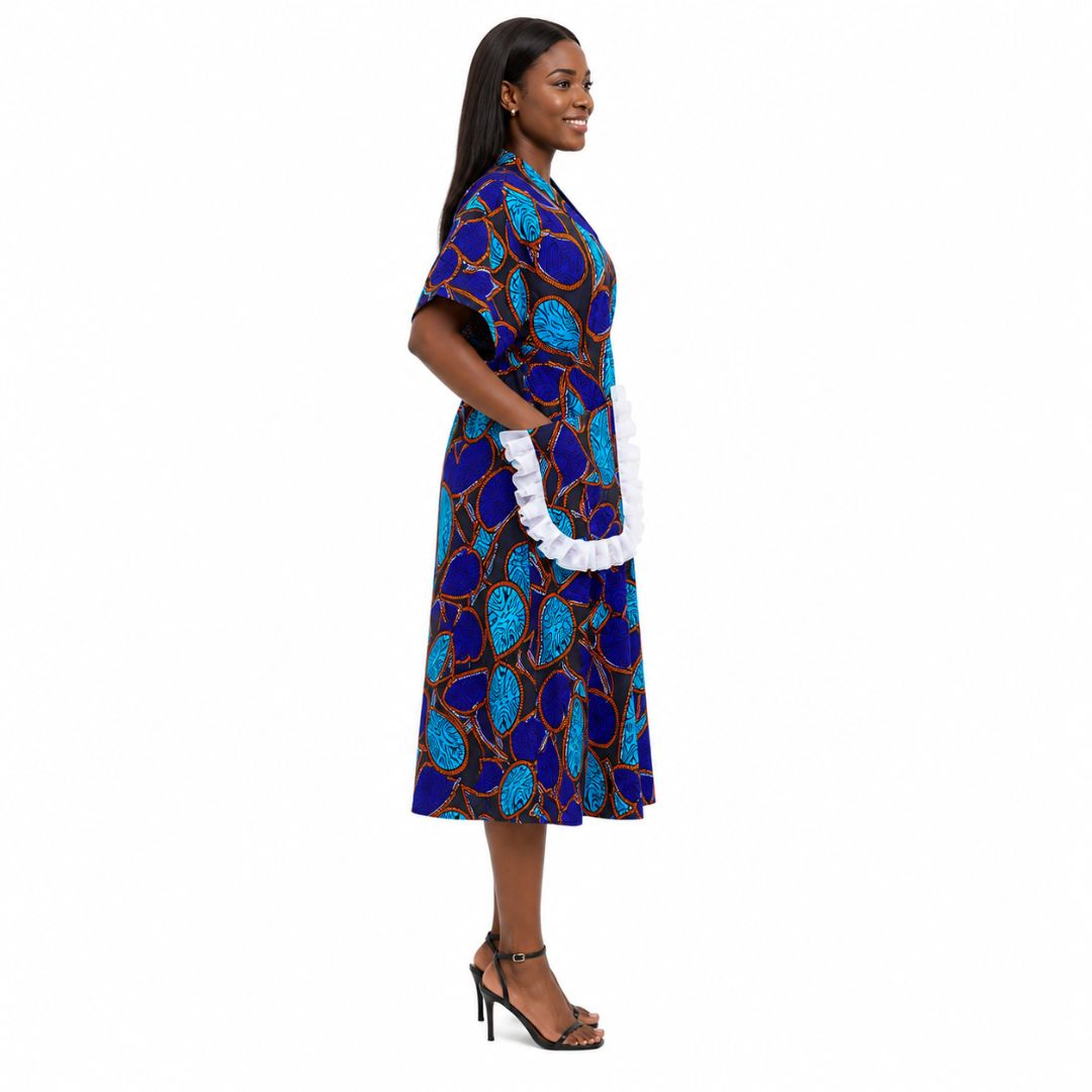 Blue Geometric Print Kimono with White Ruffle Pockets