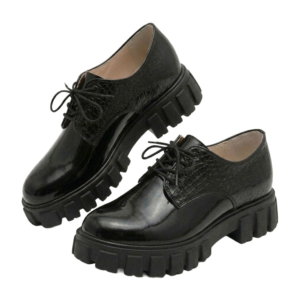 Black Croc Embossed Patent Derby Shoes with Chunky Sole