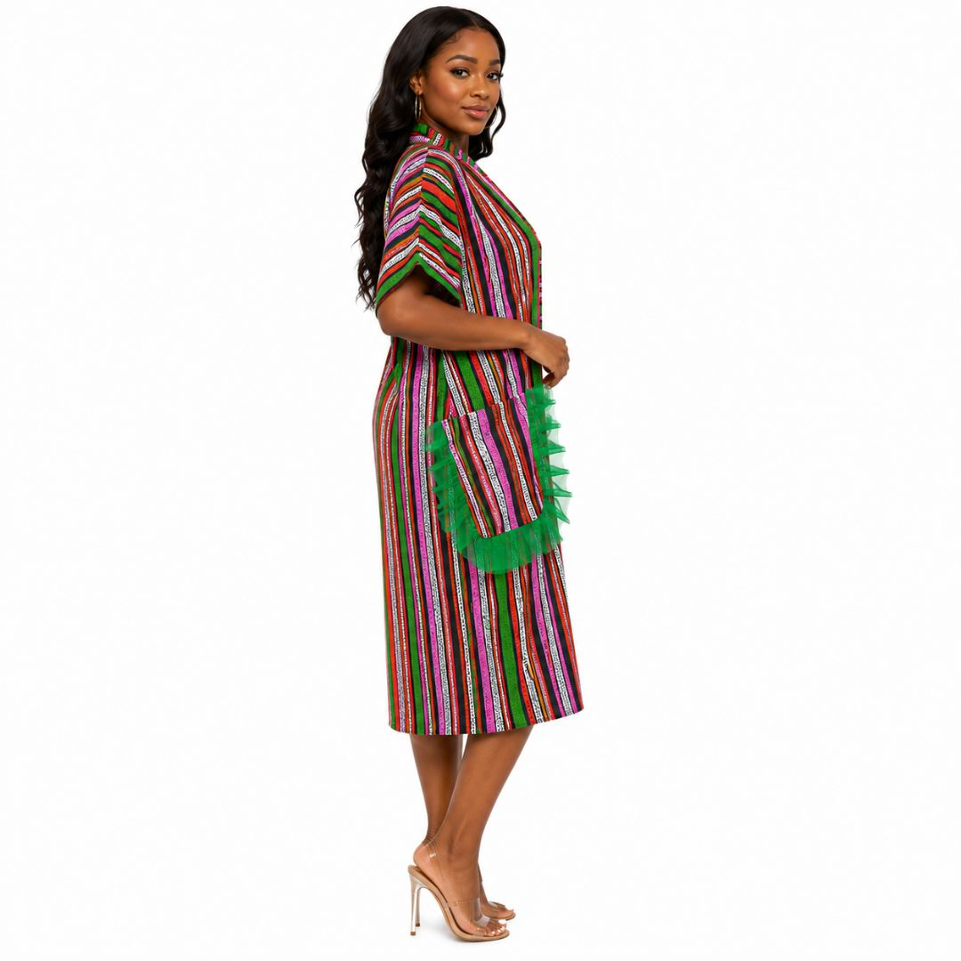 Multi Color Striped Short Sleeve Kimono with Ruffle Pocket Detail